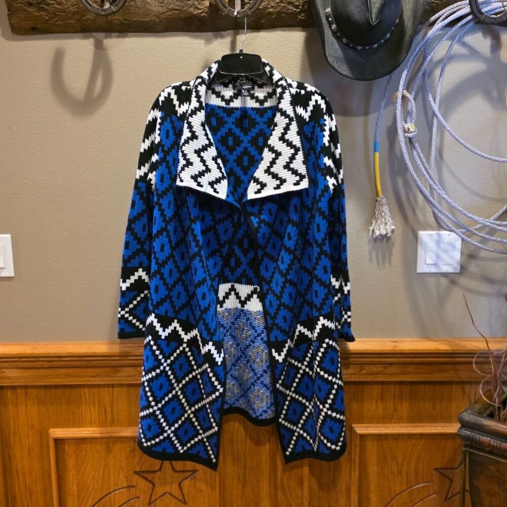 Attitudes by Renee Blue Black Geometric Sweater Duster Cardigan